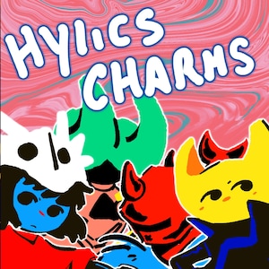 以下が含まれることがあります： 「HYLICS CHARMS」というテキストが上部に書かれた、4 つの漫画キャラクターのカラフルなイラスト。キャラクターは、青色の顔をした白黒の生き物、黒色の顔をした緑色の生き物、黒色の顔と角をした赤色の生き物、黒色の顔と角をした黄色の生き物です。