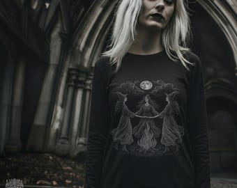Camiseta de manga comprida unissex Moonlit Coven, estilo Dark Academia, vestuário gótico, roupas alternativas