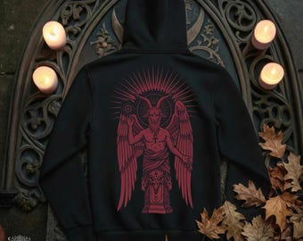 Sudadera con capucha y cremallera de Baphomet - Sudadera gótica ocultista - Ropa urbana oscura - Sudadera con capucha estampada roja - Chaqueta gótica unisex