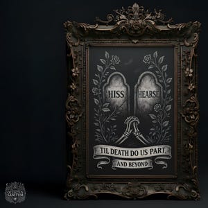 May include: Ornate dark framed artwork with a gothic theme. The artwork features two tombstones with the words "HISS" and "HEARSE". Below the tombstones are clasped skeleton hands and a banner that reads "TIL DEATH DO US PART, AND BEYOND".