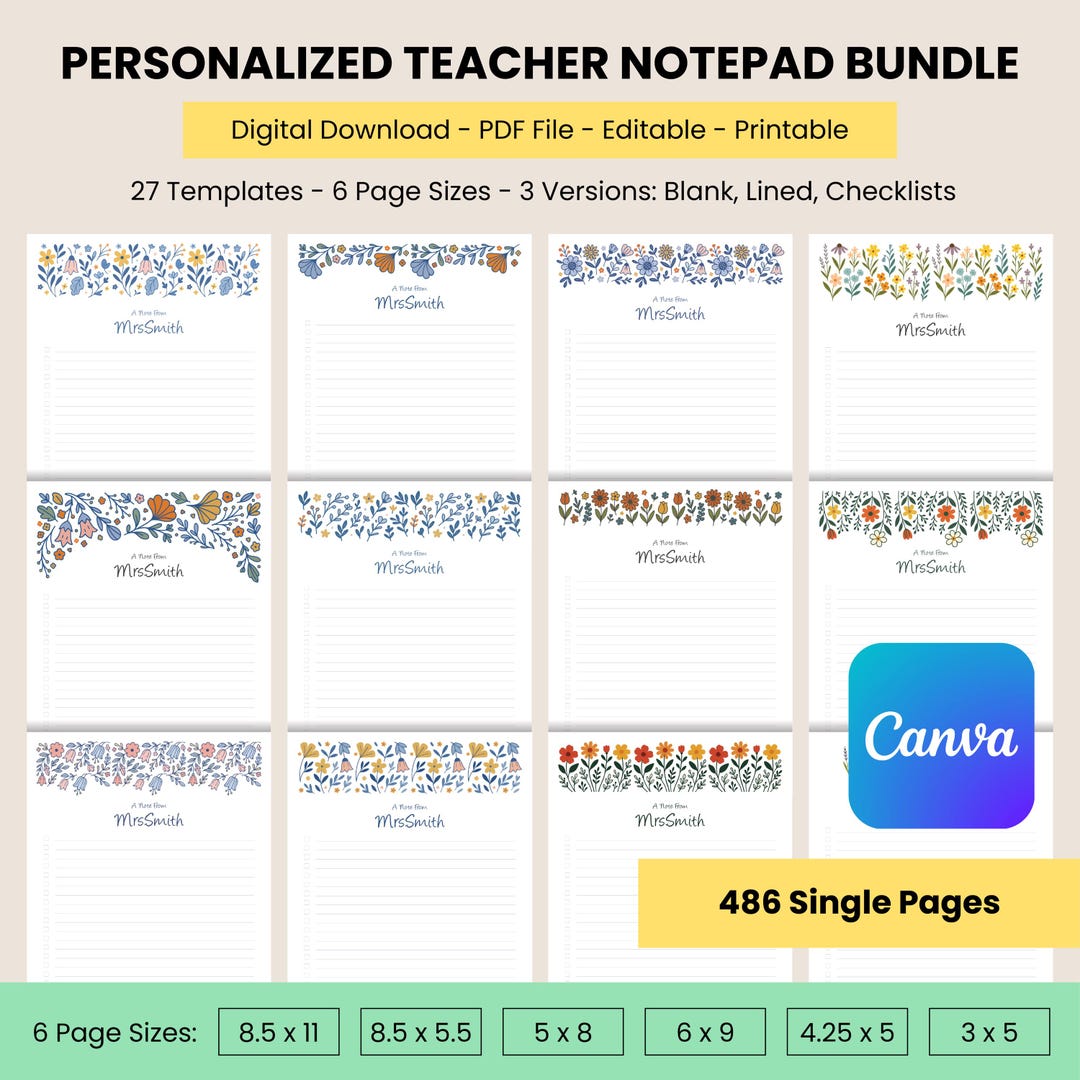 Personalized Teacher Notepad Bundle, Floral Editable PDF, Printable ...
