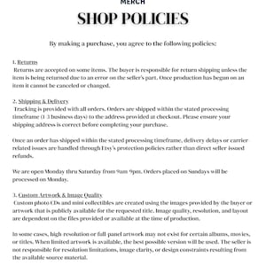 May include: A white document titled SHOP POLICIES with the LOUD MOUTH MERCH logo at the top, featuring a red mouth graphic. The text outlines policies for returns, shipping, delivery, custom artwork, image quality, and communication requirements.