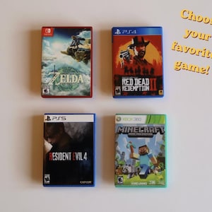 May include: Four video game cases arranged in a grid: The Legend of Zelda: Tears of the Kingdom for Nintendo Switch, Red Dead Redemption II for PS4, Resident Evil 4 for PS5, and Minecraft for Xbox 360. The text "Choose your favorite game!" is visible.