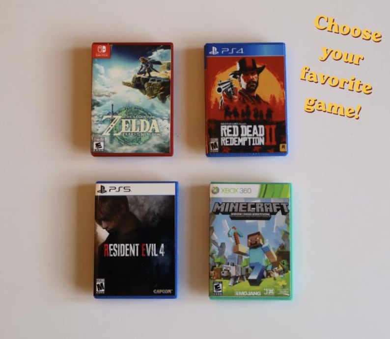 May include: Four video game cases arranged in a grid: The Legend of Zelda: Tears of the Kingdom for Nintendo Switch, Red Dead Redemption II for PS4, Resident Evil 4 for PS5, and Minecraft for Xbox 360. The text "Choose your favorite game!" is visible.