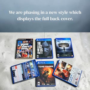 May include: Six video game cases including Grand Theft Auto Vice City for PlayStation 2, The Last of Us Part II, BioShock, and Shadow of the Tomb Raider for PS4. The text reads: We are phasing in a new style which displays the full back cover.