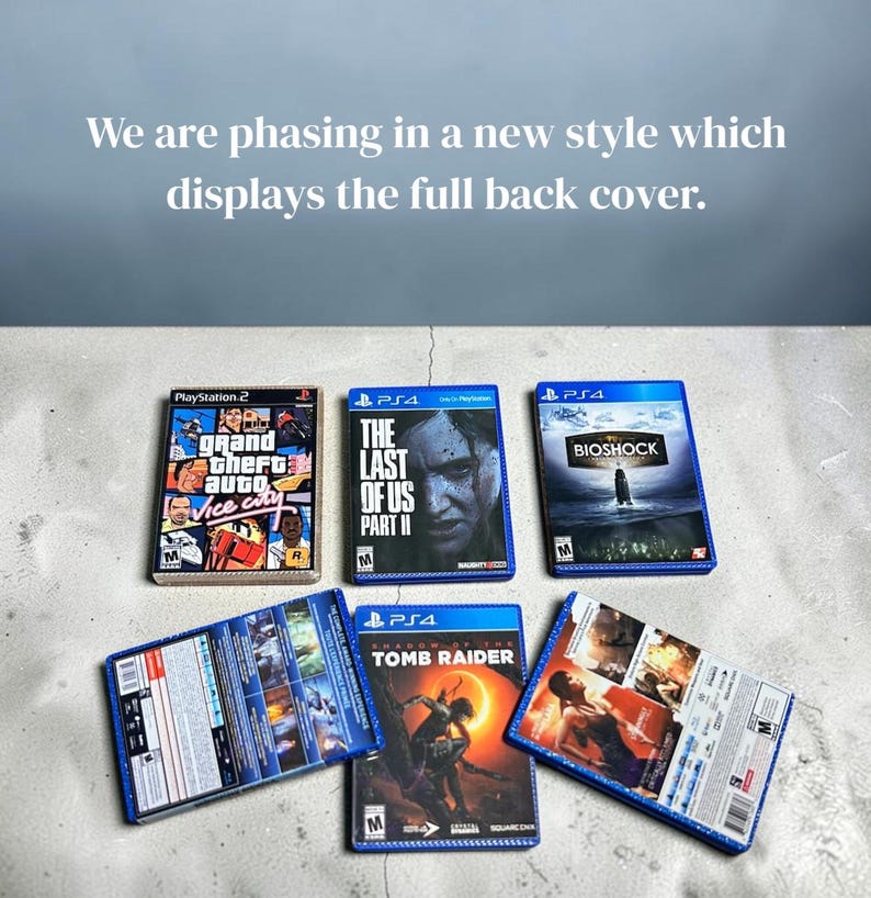 May include: Six video game cases including Grand Theft Auto Vice City for PlayStation 2, The Last of Us Part II, BioShock, and Shadow of the Tomb Raider for PS4. The text reads: We are phasing in a new style which displays the full back cover.