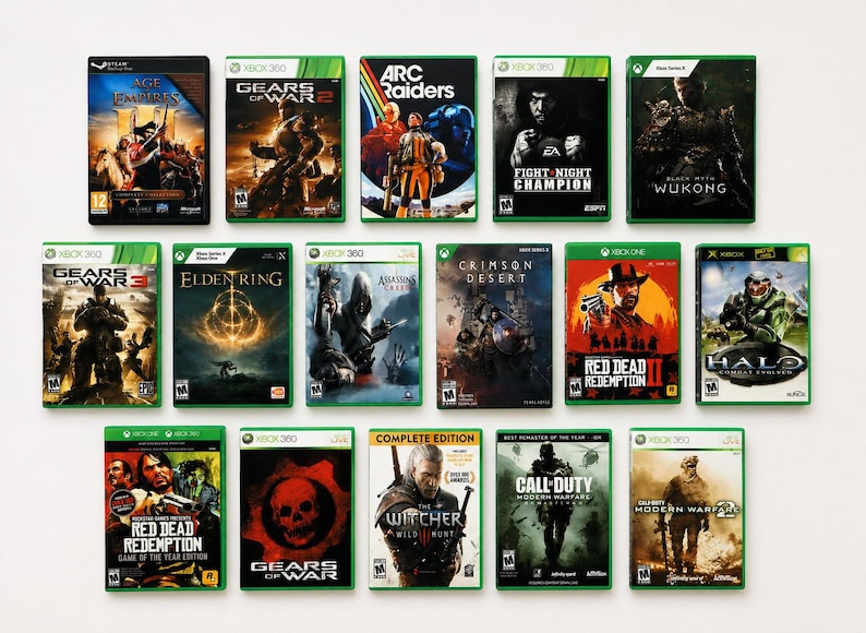 May include: A collection of fifteen video game cases arranged in three rows. Titles include Age of Empires, Gears of War 2, Arc Raiders, Fight Night Champion, Black Myth Wukong, Gears of War 3, Elden Ring, Assassin's Creed, Crimson Desert, Red Dead Redemption 2, Halo, Red Dead Redemption, Gears of War, The Witcher 3 Wild Hunt, Call of Duty Modern Warfare Remastered, and Call of Duty Modern Warfare 2.