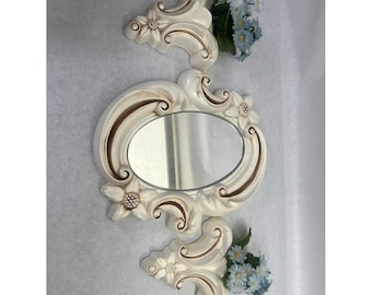 Vintage Style 3pc Wall Mirror and Sconce Set Cream Gold Floral Miller Studio 67