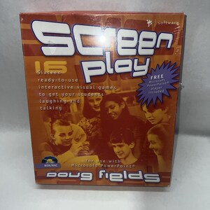 May include: A rectangular software box titled Screen Play by Doug Fields, featuring an orange background with a group of students. The text reads Sixteen ready-to-use interactive visual games to get your students laughing and talking, with a purple starburst stating Free Microsoft PowerPoint player included.