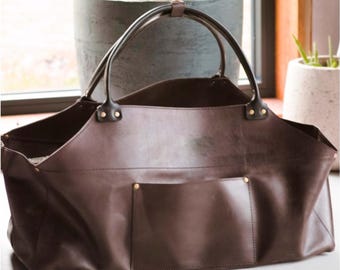 Large Leather Firewood Log Carrier Tote – Heavy Duty Handmade Leather Wood Bag with Handles – Rustic Storage Tote for Fireplace or Camp