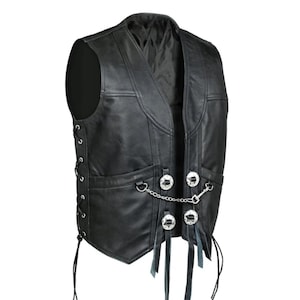 Leather Vest Men - Chain Concho Motorcycle Biker Waistcoat For Men | Black Original Cow Leather Vest - Personalized Gift for Bikers