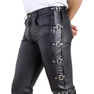 Men&#39;s Leather Pants, Side Buckle Pants for Men, Casual Wear Leather Pants. Leather trouser for boys. Party Pant - Gift for Him