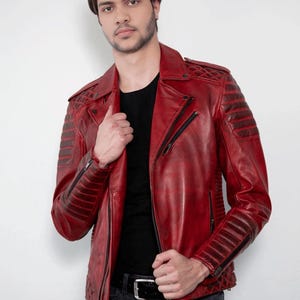 Men&#39;s Quilted Red Leather Motorcycle Jacket