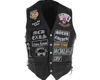 Leather Laced Patch Waistcoat Black Biker Vest | Personalized Biker Leather Vest