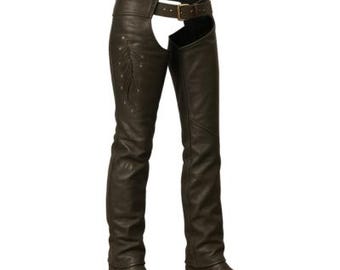 Handcrafted Black Leather Motorcycle Chaps with Feather Embossing – Unisex Western Riding Gear