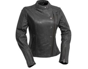 Women&#39;s Black Genuine Leather Biker Jacket – Slim Fit Motorcycle Style with Quilted Sleeves