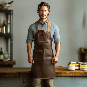 Handmade Dark Brown Leather Apron for Men - Chef, Bartender, BBQ & Workshop Apron - Adjustable Straps and Pockets - Rustic and Durable