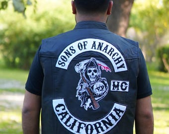 Sons of Anarchy Vest in Black, Blue Patches, Men&#39;s riding Vest | SOA Vest  - Personalized gift for men&#39;s, Black Bicker Vest For Men
