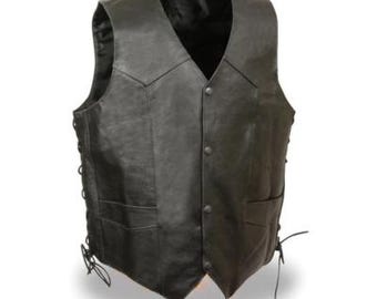 Men&#39;s Side Lace Leather Biker Vest with Embossed Skull & Crossbones
