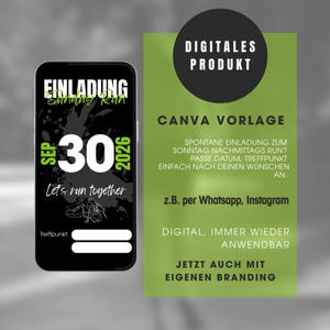 Könnte beinhalten: Werbung für ein digitales Produkt. Ein Smartphone zeigt eine Einladung zu einer Laufveranstaltung am 30. September 2026 mit dem Text "Let's run together". Ein grüner Hintergrund hebt "CANVA VORLAGE" und weitere Details hervor.