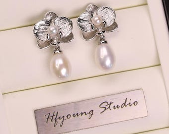 Orchid Pearl Drop Earrings | Genuine Freshwater Pearl Earrings | Crystal Orchid Flower Studs