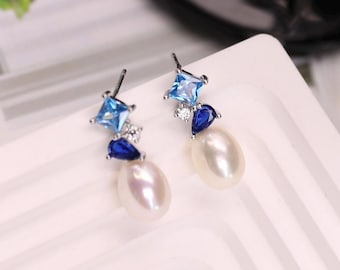 Brincos de pérola de água doce azul topázio e azul safira | Joias elegantes para noivas | Presente "Algo Azul" para ela