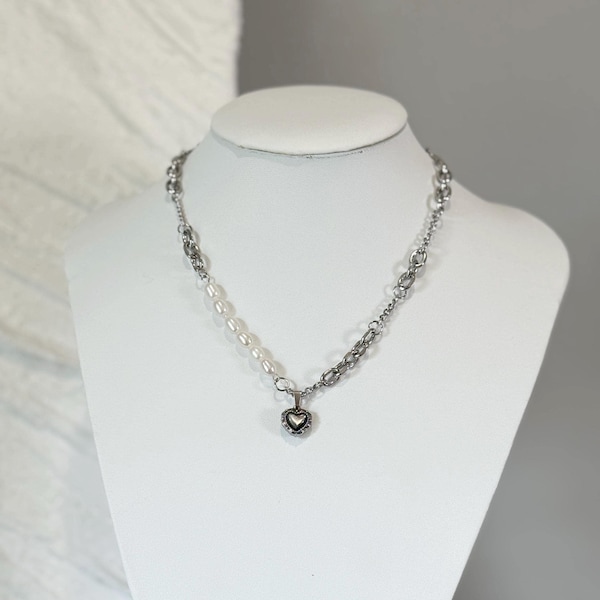Chunky Silver Tone Stainless and Pearl Chain Necklace with Heart Pendant – Modern Statement Jewelry - No tarnish