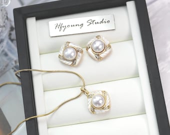 White Shell and Freshwater Pearl Jewelry Set | Dainty Necklace and Earrings for Bridesmaid Gift, Wedding, or Everyday Elegance