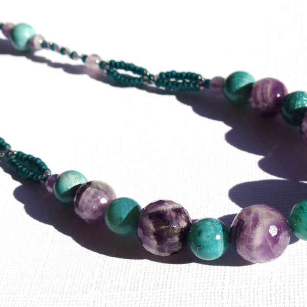 Focus - Amethyst and Agate Necklace and Earrings - Purple and Turquoise beaded Necklace Set