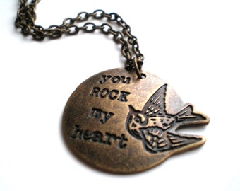 Brass Hand Stamped Charm Necklace- You Rock My Heart