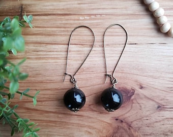 Handmade Black Ceramic Bead Earrings, Modern Drop Dangle