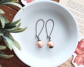 Pink Wood Bead Earrings, Oxidized Brass, Boho Dangle Earrings