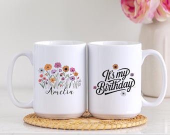 Personalized Floral Coffee Mug: Custom Wildflower Name Gift