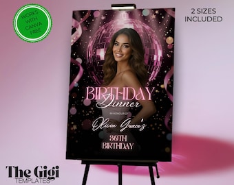 Plantilla de cartel de bienvenida de cumpleaños con bola de discoteca rosa metalizada, póster de fiesta de cumpleaños de lujo, cartel de fiesta glamuroso y elegante, plantilla imprimible de Canva