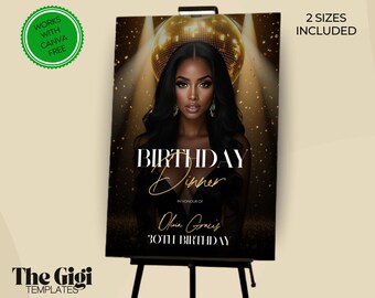 Letrero de bienvenida para cena de cumpleaños con bola de discoteca negra y dorada, elegante letrero de entrada para fiesta de lujo, póster imprimible de evento de lujo, plantilla Canva