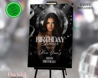 Plantilla de cartel de bienvenida de cumpleaños con bola de discoteca plateada metálica, póster de fiesta de cumpleaños de lujo, cartel de fiesta glamurosa y elegante, plantilla imprimible de Canva