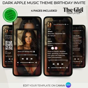 May include: A digital invitation template for a birthday party with a dark apple music theme. The design includes four phone mockups with event details, a photo, and music controls. The text reads "Olivia's 30th Birthday Party".