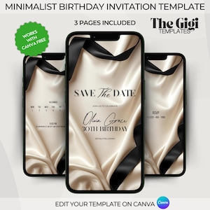 Minimalist Black Ribbon Birthday party invitation, Quiet Luxury Animated Party File, Beige Satin Background ecard, Coquette Canva Template