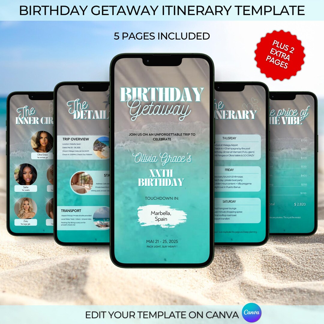 Birthday Getaway Travel Itinerary, Girls Trip Weekend Evite, Ocean Blue ...