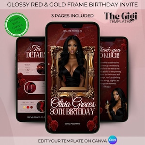 May include: A glossy red and gold frame birthday invite template displayed on three smartphones. The main phone features a woman in a black dress inside a gold frame. Text includes "Olivia Grace's 30th Birthday" and "Edit your template on Canva."