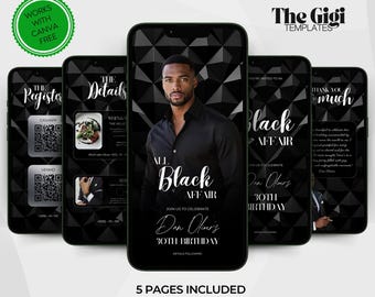 Elegant All Black Affair-födelsedagsmiddagsinbjudan, Chic Black Diamond animerad Evite, Black Tie Affair e-kort, digital Canva-mall