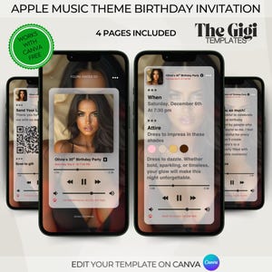 Peut inclure: Modèle d'invitation d'anniversaire sur le thème Apple Music, présenté sur des smartphones. Le design comprend une photo de femme, des commandes musicales et des détails de l'événement. Modifiable avec Canva.