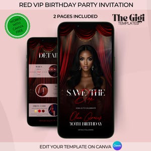 Invitación a fiesta de cumpleaños VIP con alfombra roja, cena de cumpleaños de Hollywood Evite, tarjeta electrónica animada con cortinas negras y rojas de lujo, plantilla de Canva