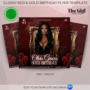 May include: A glossy red and gold birthday flyer template. The design features a woman in a black dress framed in gold, with the text "Olivia Grace's 30th Birthday." Includes the text "Works with Canva Free" and "Edit your template on Canva."