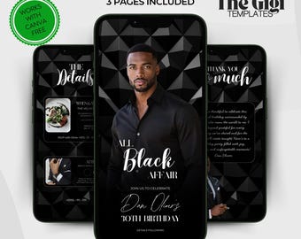 Elegant All Black Affair-födelsedagsmiddagsinbjudan, Chic Black Diamond animerad Evite, Black Tie Affair e-kort, digital Canva-mall