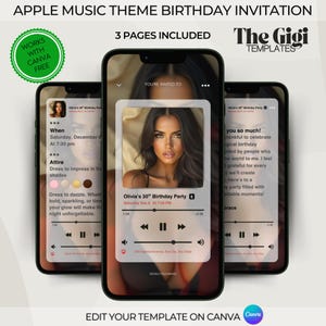 Invitación a fiesta de cumpleaños con reproductor de música, tema de reproducción actual, archivo de fiesta animado, tarjeta electrónica con estilo de portada de álbum, lista de reproducción editorial, plantilla de Canva