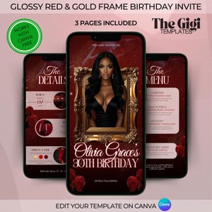 Può includere: Modello digitale di invito di compleanno su uno schermo di smartphone. Il design presenta una donna in una cornice dorata, con il testo "Olivia Grace's 30th Birthday". L'invito è rosso e oro, con pagine per i dettagli e il menu.