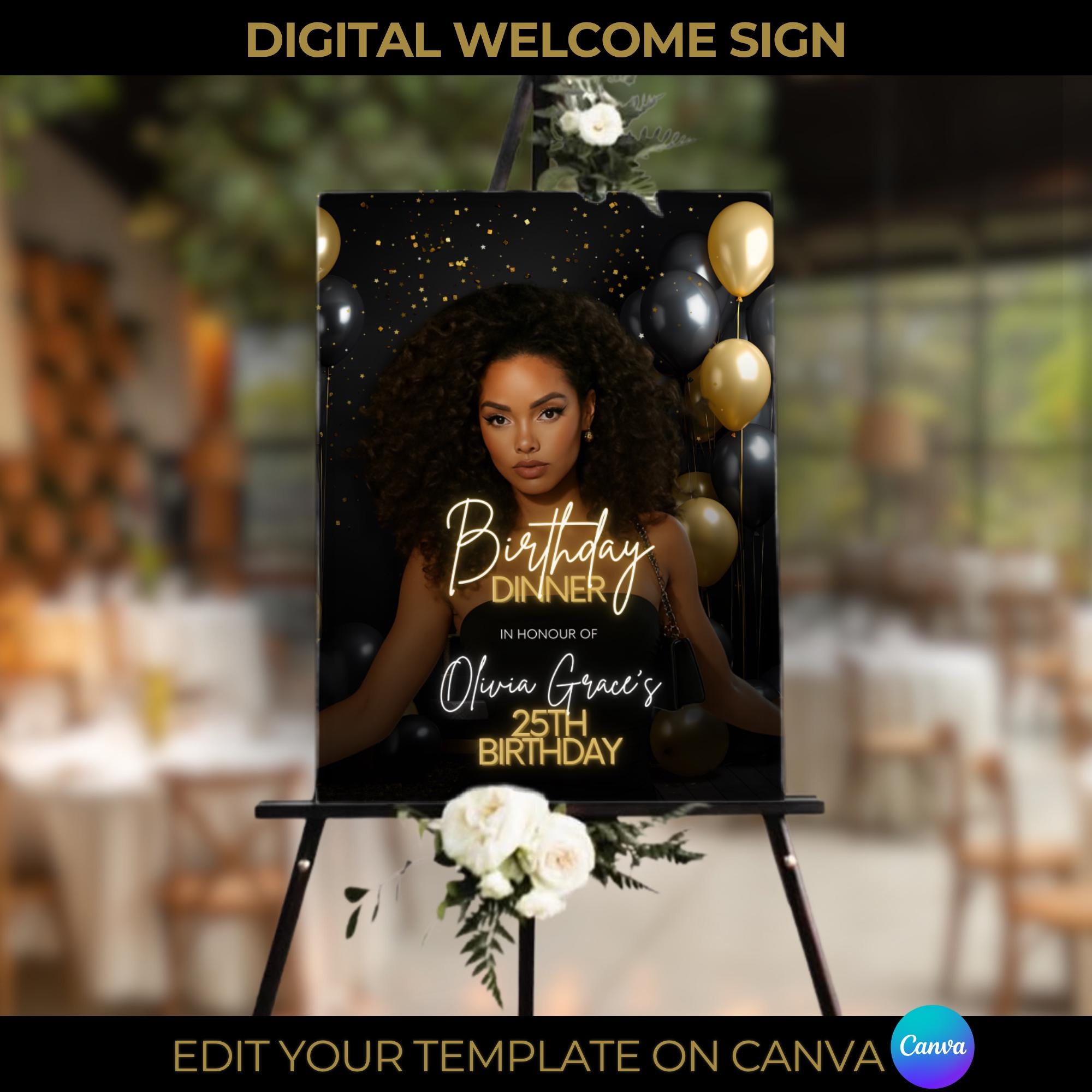 Black & Gold Welcome Sign Downloadable Template | Editable Birthday Party Sign | Custom Event Sign | Instant Download | Elegant Party Decor