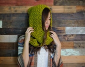 Hooded scarf, chunky scarf, scoodie, lime green scarf