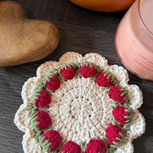 Cottage-core strawberry crochet coaster